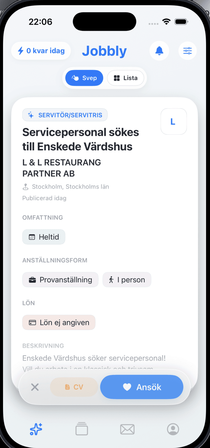 Jobbly på iPhone med ett jobbkort och knappen Ansök